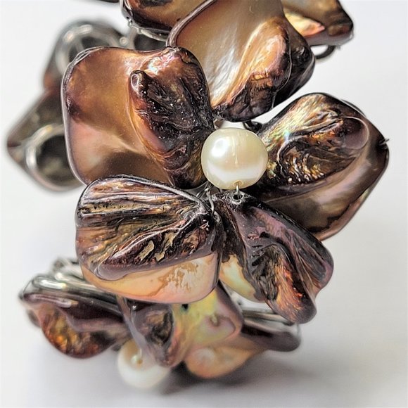 Dark Brown Cuff Bracelet with Pearls and Dyed Mother Of Pearl Shell Bangle -NEW - Picture 4 of 15